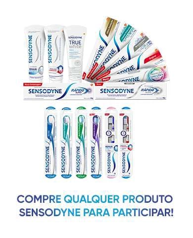 Compre qualquer produto Sensodyne para participar! Imagens de escovas de dentes e cremes dentais
