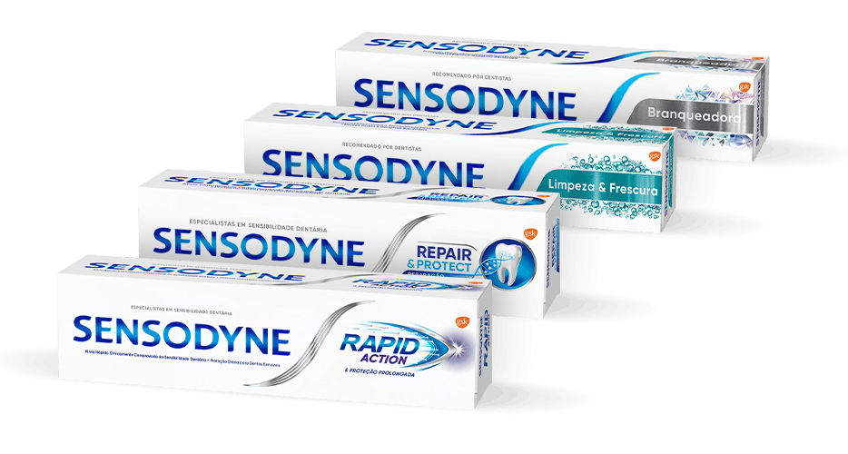 Variedade de produtos da gama de pastas de dentes Sensodyne para dentes sensíveis