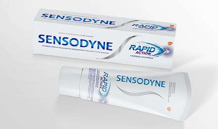 Embalagem e tubo de pasta de dentes Sensodyne Rapid Action