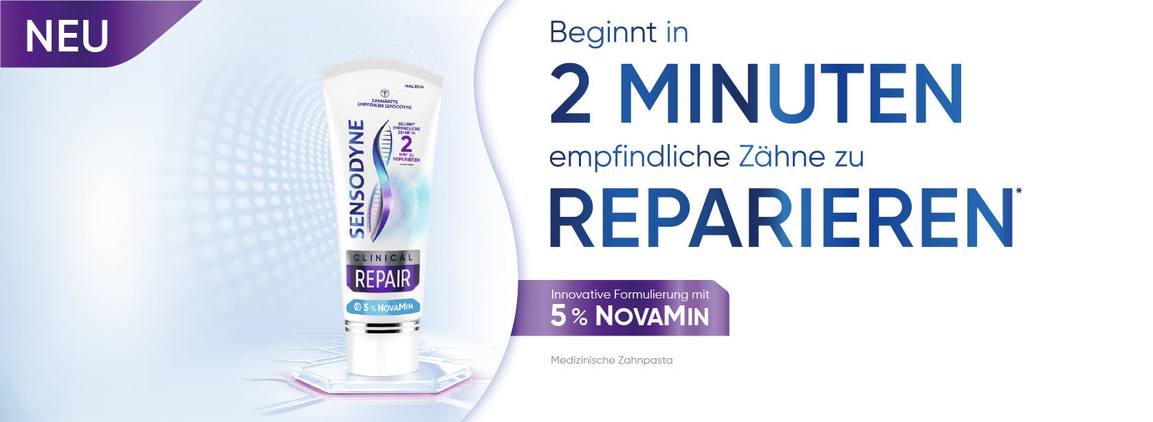 Sensodyne Clinical Repair Zahnpasta auf Podest 