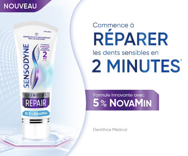 Sensodyne Clinical Repair dentifrice sur un podium 