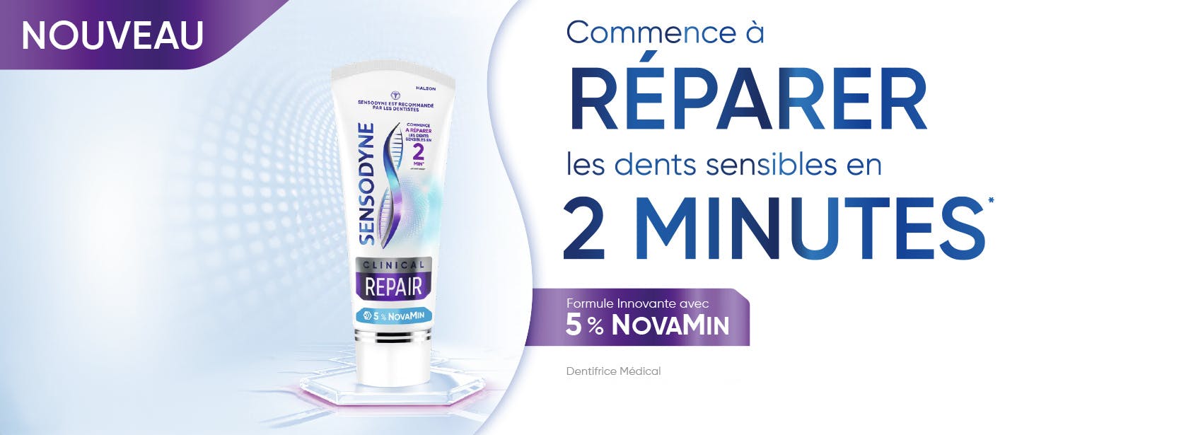 Sensodyne Clinical Repair dentifrice sur un podium 