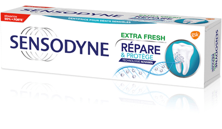 Le dentifrice Sensodyne Répare et Protège Extra Fresh répare l'émail dentaire et soulage la sensibilité dentaire