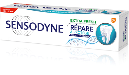 Sensodyne Répare & Protège Extra Fresh Le dentifrice Sensodyne Répare et Protège Extra Fresh répare l'émail dentaire et soulage la sensibilité dentaire