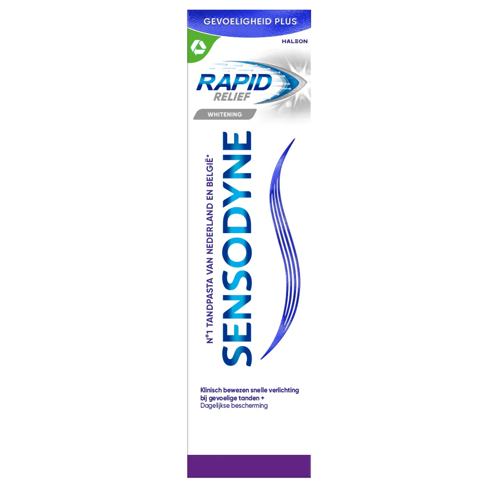 Sensodyne Rapid Relief Whitening 3D liggend in een hoek met achtergrond