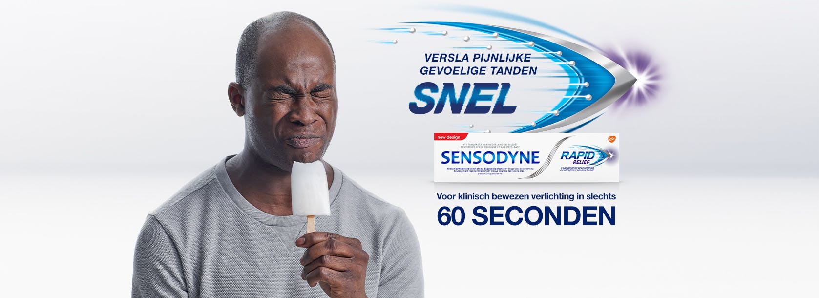 Sensodyne Rapid Relief banner met man die ijs eet en gevoelige tanden ervaart. Breder