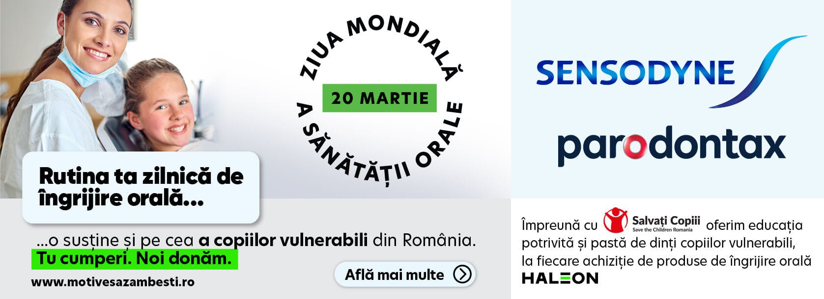 Banner Ziua Mondială a Sănătății Oral, Logo-uri Sensodyne și parodontax, Mesaj care cuprinde sprijinirea copiilor vulnerabili din România