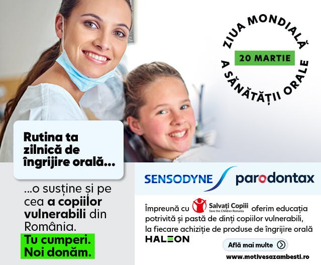Banner Ziua Mondială a Sănătății Oral, Logo-uri Sensodyne și parodontax, Mesaj care cuprinde sprijinirea copiilor vulnerabili din România 