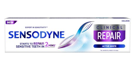 Sensodyne Clinical Repair Active White – zubná pasta so zlepšeným bieliacim účinkom a chladivou mätovou príchuťou, určená na každodennú obnovu citlivých zubov.