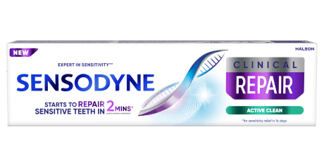 Sensodyne Clinical Repair Active Clean – zubná pasta s účinným čistiacim účinkom a osviežujúcou mätovo-eukalyptovou príchuťou, určená na každodennú obnovu citlivých zubov.