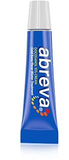 Abreva cream in a royal blue metallic tube with a white, plastic screw cap Abreva cream in a royal blue metallic tube with a white, plastic screw cap