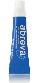 Abreva cream in a royal blue metallic tube with a white, plastic screw cap