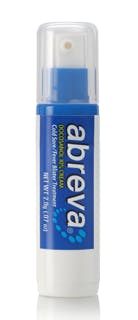 Abreva cream in a royal blue metallic tube with a plastic pump cap