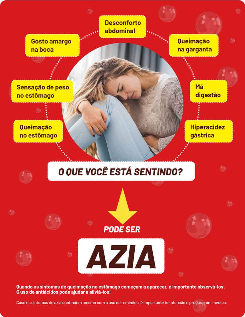 A imagem mostra uma mulher com algum desconforto e sinais de azia descritos em volta dela. Se você tem algum desses sintomas, pode ser azia.