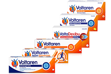 Voltaren Schmerzgel, Voltaren Actigo Schmerzgel, Voltaren Dolo und Voltaren Schmerzgel forte Produktbilder