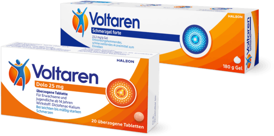 Packungsabbildung von Voltaren Schmerzgel mit dem starken, entzündungshemmenden Wirkstoff und Voltaren Dolo Schmerztabletten