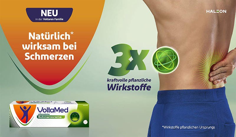 Natürlich wirksam bei Schmerzen - VoltaMed pflanzliche Schmerzcreme, das erste pflanzliche Arzneimittel aus der Voltaren Familie, vereint Pfefferminzöl, Eukalyptusöl und Rosmarinöl in einem effektiven 3-fach Wirkkomplex.