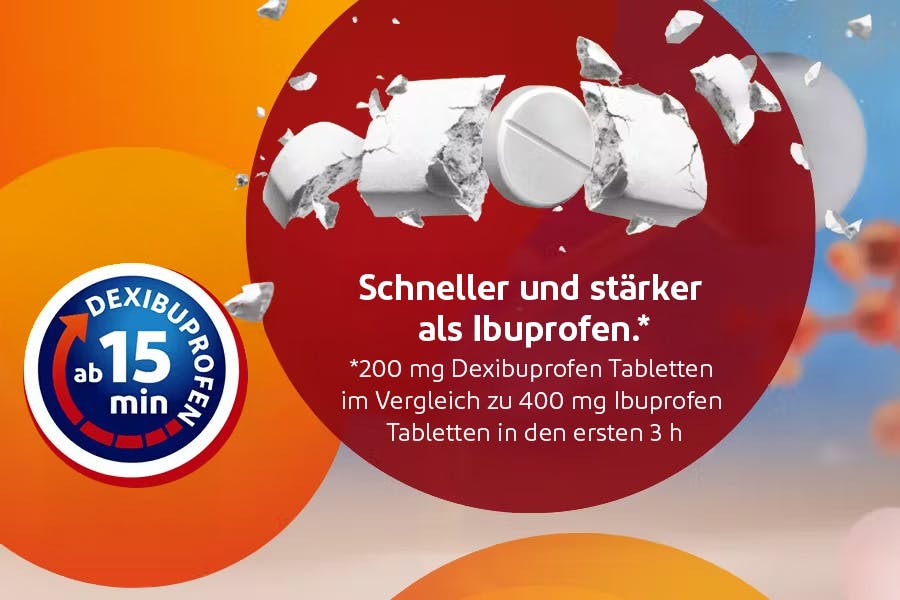 Explodierende Ibuprofentablette, welche durch eine VoltaDexibu ersetzt wird. Kleinere Tablette, da der Wirkstoff Dexibuprofen mit nur der halben Dosierung die gleiche Schmerzlinderung erzielen kann