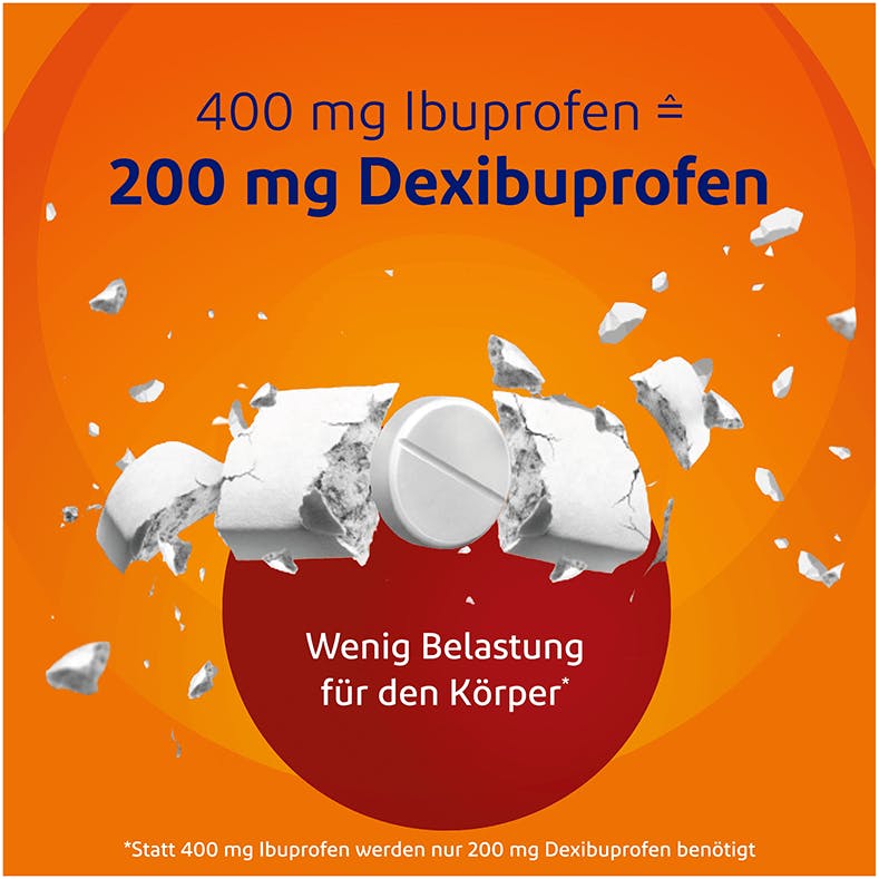 Explodierende Ibuprofentablette, welche durch eine VoltaDexibu ersetzt wird. Kleinere Tablette, da der Wirkstoff Dexibuprofen mit nur der halben Dosierung die gleiche Schmerzlinderung erzielen kann