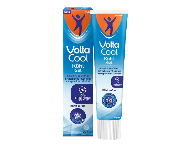VoltaCool Kühl Gel in Verpackung und Tube für sofortige Kühlung beanspruchter Muskeln nach körperlicher Aktivität.