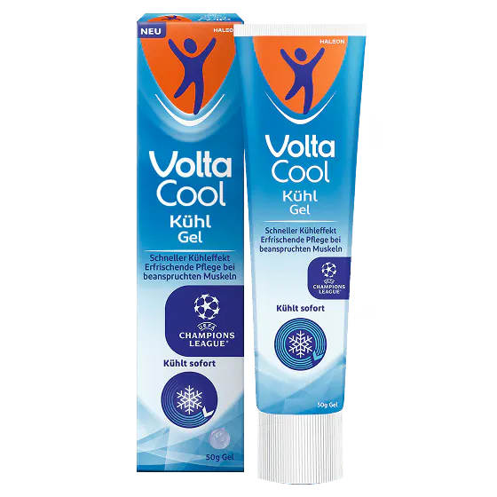 VoltaCool Kühl Gel in Tube und Verpackung zur sofortigen Kühlung beanspruchter Muskeln und Gelenke nach Sport und körperlicher Aktivität.