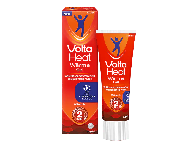 VoltaHeat Wärme Gel in Verpackung und Tube zur schnellen Erwärmung verspannter Muskeln für Lockerung und Wohlbefinden.
