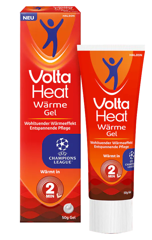 VoltaHeat Wärme Gel in Tube und Verpackung zur gezielten Erwärmung verspannter Muskeln sowie zur Unterstützung von Entspannung und Beweglichkeit.