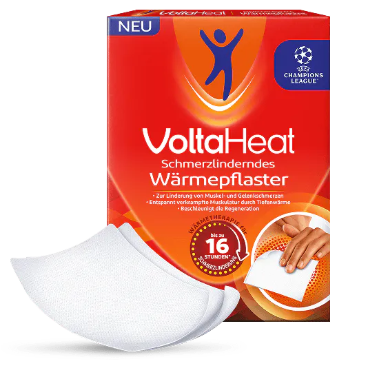 VoltaHeat Wärmepflaster in Verpackung zur gezielten Anwendung von langanhaltender Tiefenwärme bei Muskelverspannungen und Schmerzen.