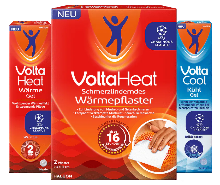 VoltaHeat Wärme Gel und Wärmepflaster  zur schnellen Erwärmung verspannter Muskeln für Lockerung und Wohlbefinden sowie VoltaCool Kühl Gel in Verpackung für sofortige Kühlung beanspruchter Muskeln nach körperlicher Aktivität.