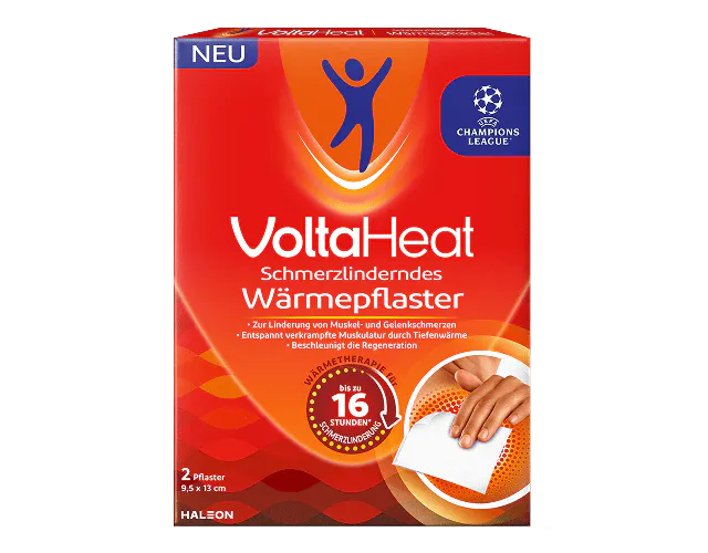 VoltaHeat Wärmepflaster in Verpackung mit langanhaltender Tiefenwärme zur Unterstützung bei Muskelverspannungen und Rückenbeschwerden.