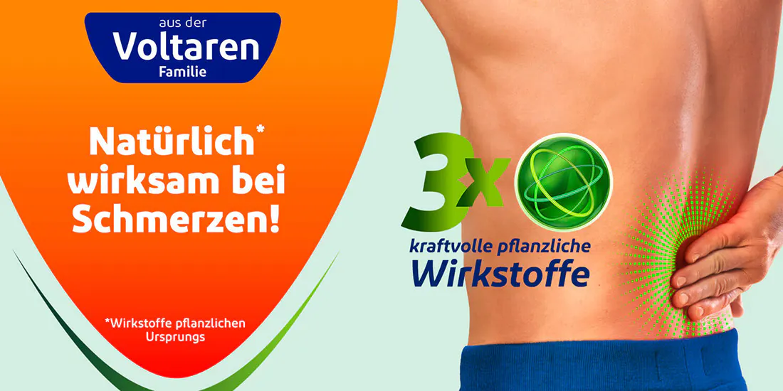 Natürlich wirksam bei Schmerzen - VoltaMed pflanzliche Schmerzcreme, das erste pflanzliche Arzneimittel aus der Voltaren Familie, vereint Pfefferminzöl, Eukalyptusöl und Rosmarinöl in einem effektiven 3-fach Wirkkomplex.