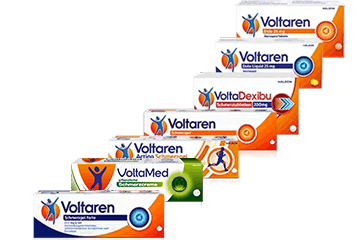 Voltaren Schmerzgel, Voltaren Actigo Schmerzgel, Voltaren Dolo und Voltaren Schmerzgel forte Produktbilder