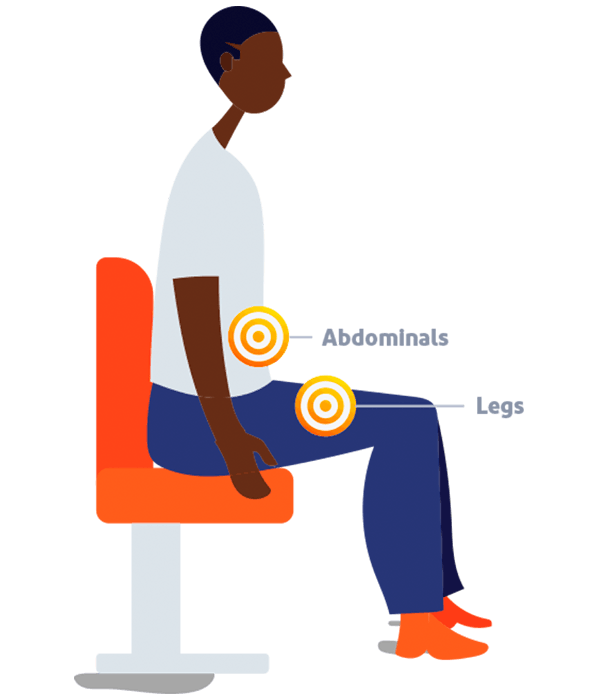 Cartoon graphic of a man sitting on a bus with arrows pointing to his abdominals and legs