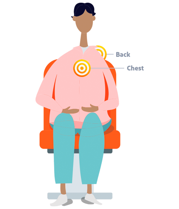 Cartoon graphic of a person sitting with their hands in their lap, with arrows pointing to their back and chest
