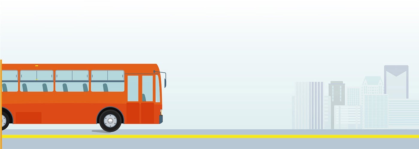 Cartoon graphic of a bus taking commuters to work