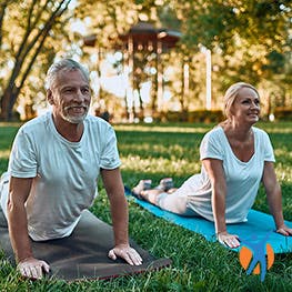 an elderly couple on yoga mats outside stretching their backs