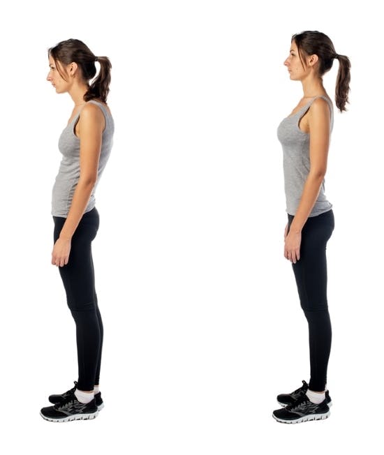 Woman with bad and good posture examples