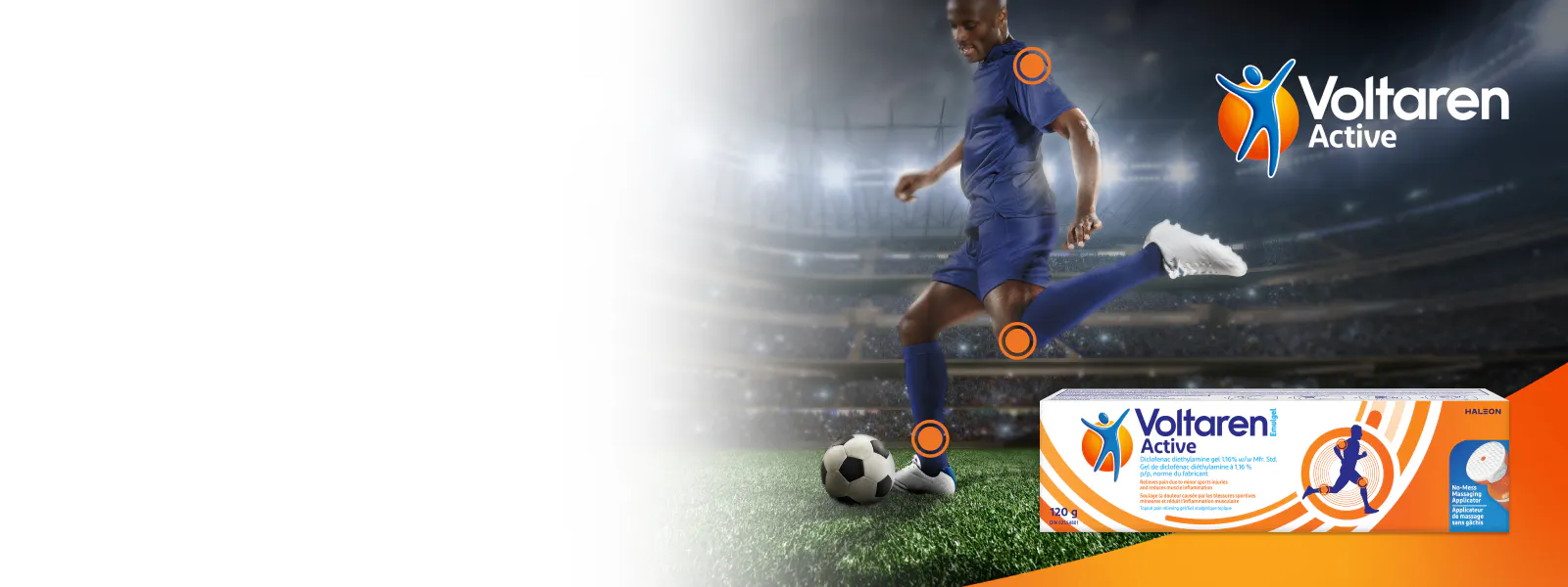 Soccer player kicking ball, highlighted joints, Voltaren Active Gel.