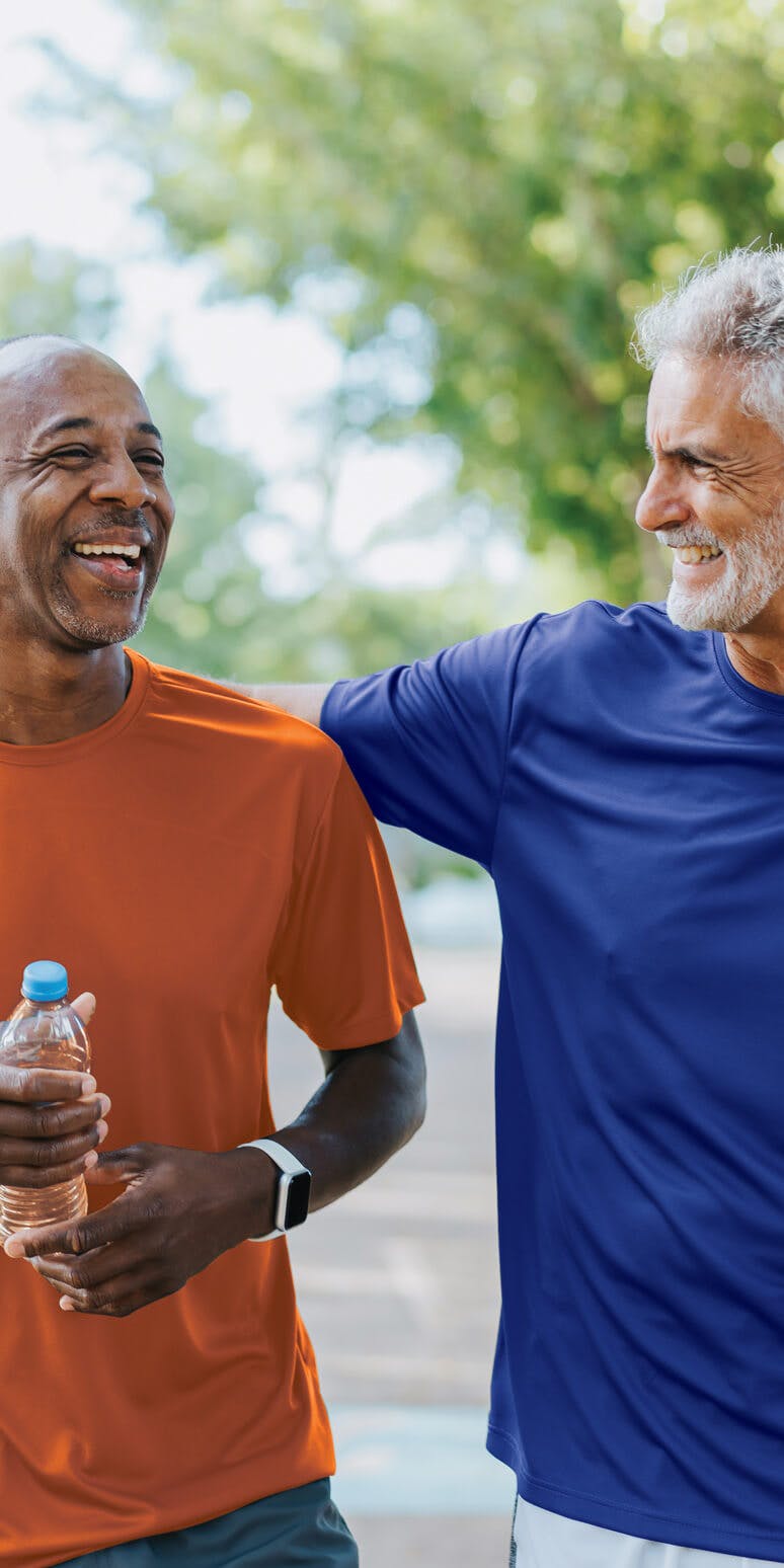 Two man laughing after run