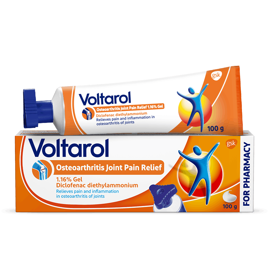 Voltarol 2.32% Diclofenac Gel for osteoarthritis pain relief product box Voltarol 2.32% Diclofenac Gel for osteoarthritis pain relief product box