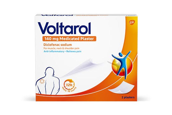 Voltarol 140mg Medicated Plaster with diclofenac sodium product outer box