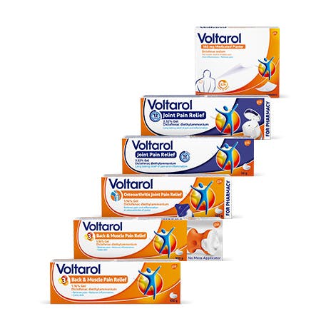 Voltarol packshots consist of topical gels, plasters and patches