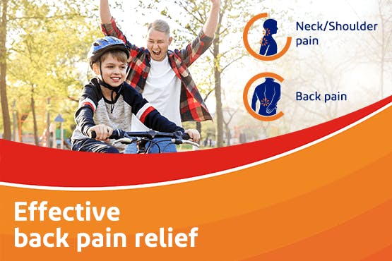 Graphic of happy man with son on bike with the caption, Effective back pain relief