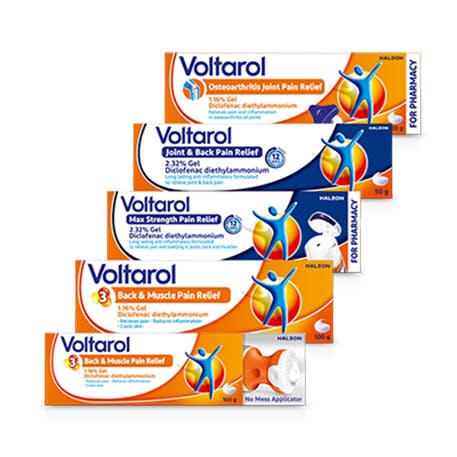Voltarol packshots consist of topical gels, plasters and patches