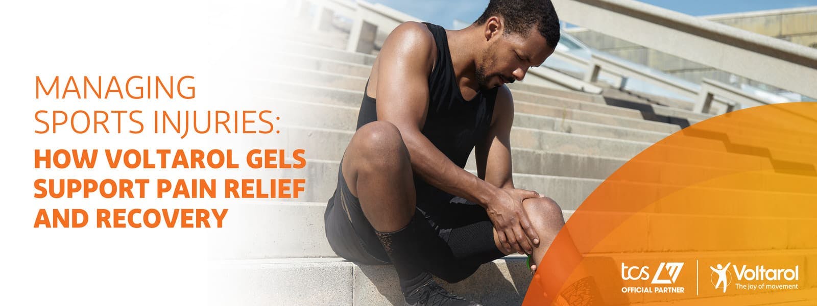 Person in discomfort holding knee with injury support text.