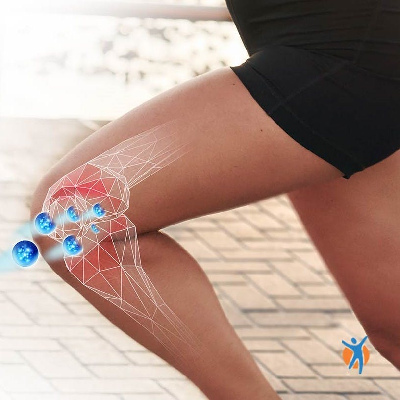 Knee pain highlighted with digital overlay.