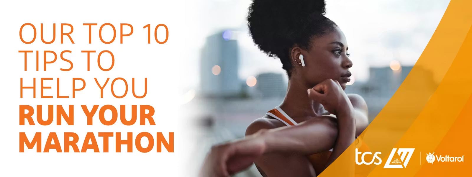 Runner stretching with text promoting top marathon training tips.