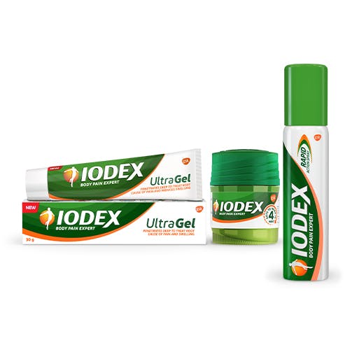 Various Iodex pain relief product pack shots 