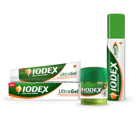 Various Iodex pain relief product pack shots