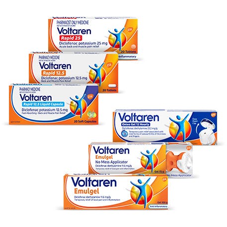 various Voltaren pain relief product pack shots